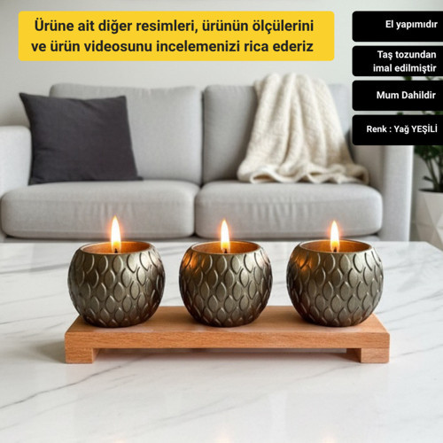 Dekoratif Mum Seti Ahşap Standlı Balık Pulu Desenli 4 Parça