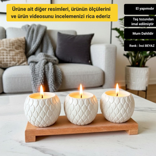 Dekoratif Mum Seti Ahşap Standlı Balık Pulu Desenli 4 Parça