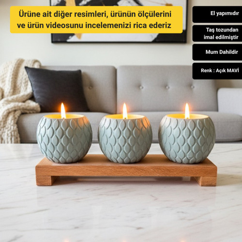 Dekoratif Mum Seti Ahşap Standlı Balık Pulu Desenli 4 Parça
