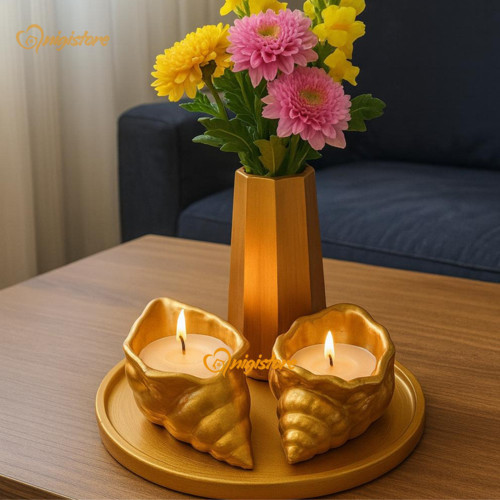 4 Parça Dekoratif Set - Vazo, Istiridye Mum, Tepsi (Çiçek Dahil Değildir)