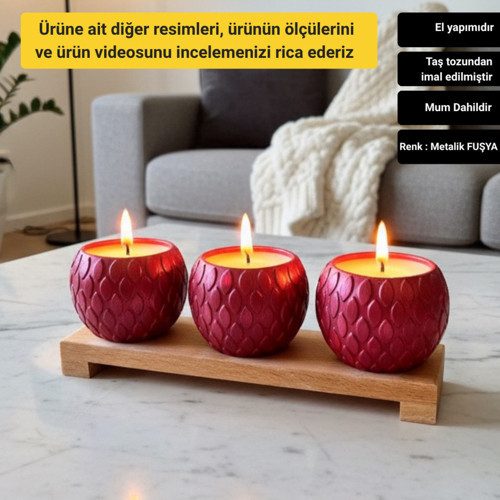 Dekoratif Mum Seti Ahşap Standlı Balık Pulu Desenli 4 Parça