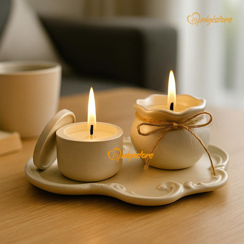 El Yapımı 3 Parça Beyaz Dekoratif Set - Dantel Tepsi, Bohça Mum, Kapaklı Mum