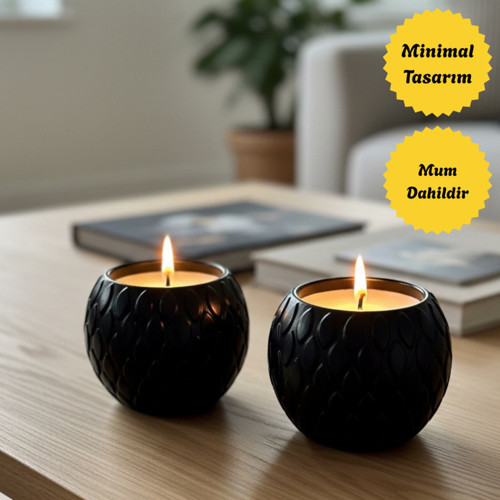 Balık Pulu Desenli 2'Li Mum Seti - Hediyelik Salon Masa Süsü/Dekoru