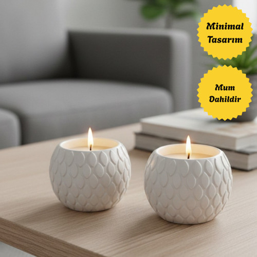 Balık Pulu Desenli 2'Li Mum Seti - Hediyelik Salon Masa Süsü/Dekoru