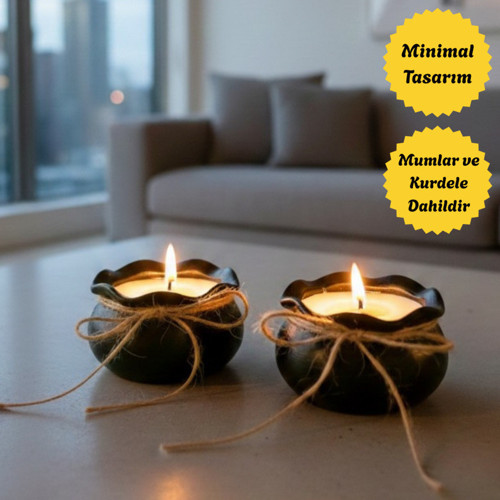 Hasır İpli 2'Li İ Bohça Mum Seti - Hediyelik Dekoratif Masa Salon Süsü