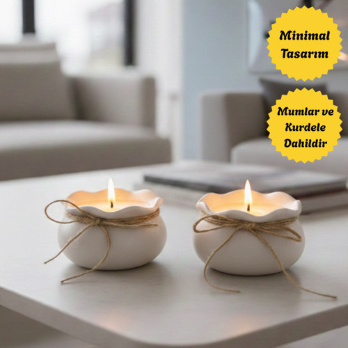 Hasır İpli 2'Li İ Bohça Mum Seti - Hediyelik Dekoratif Masa Salon Süsü