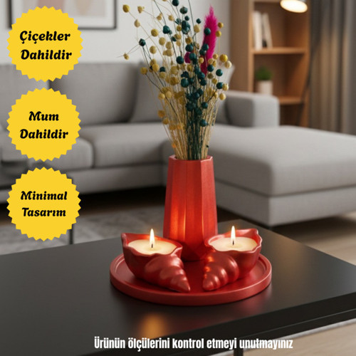 Dekoratif 4 Parça Mumlu Vazolu Tepsili Set - Hediyelik Oda Balkon Banyo Süsü