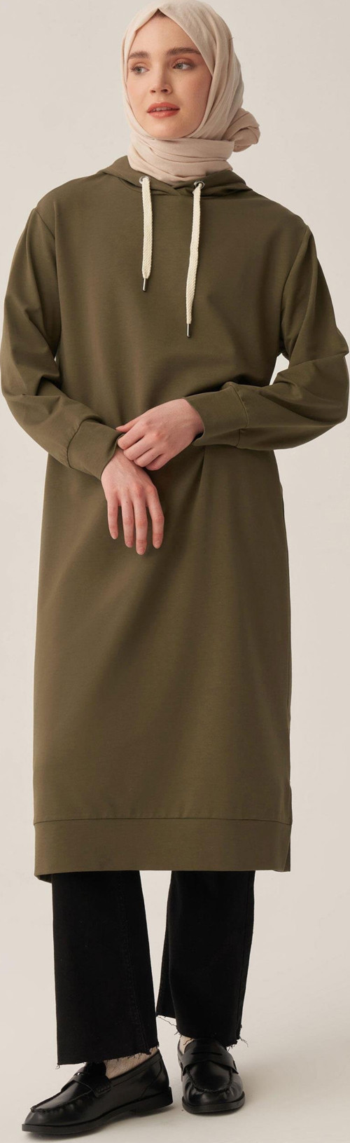 Haki-Kapüşonlu Rahat Tunik