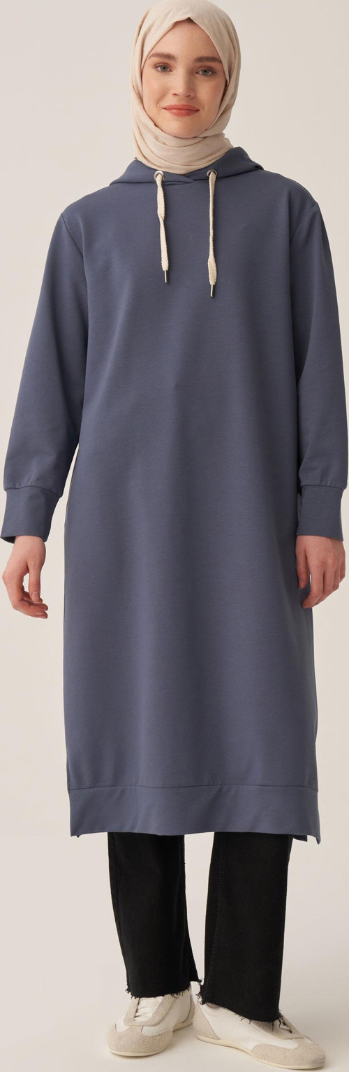 Mavi-Kapüşonlu Rahat Tunik