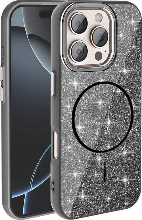 iPhone 16 Pro Kılıf Magsafe Şarj Özellikli Parlayan Simli Okso Kapak