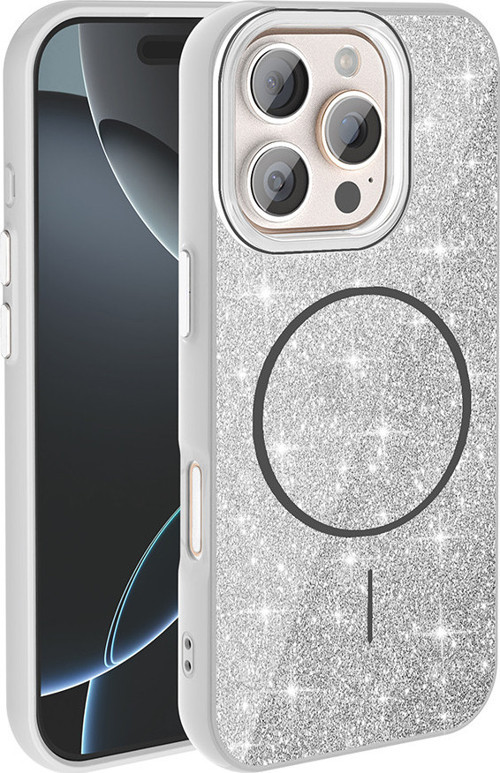 iPhone 16 Pro Kılıf Magsafe Şarj Özellikli Parlayan Simli Okso Kapak
