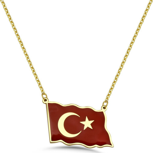 Türk Bayrağı Mineli Gümüş Kolye - Altın