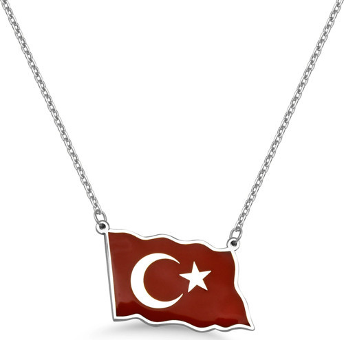 Türk Bayrağı Mineli Gümüş Kolye - Gümüş