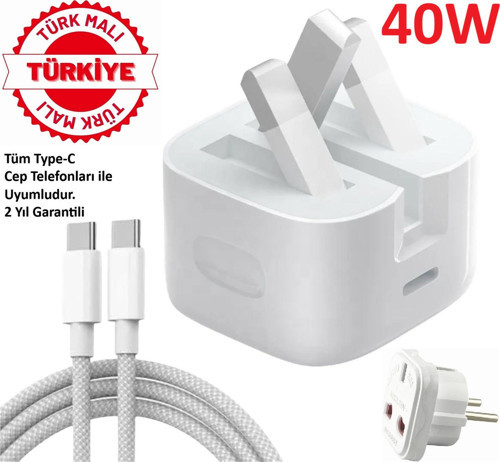 Tüm Type-C Tablet ve ipad için Şarj Cihazı 40W Adaptör + 66W Usb-C To Usb-C Kablo + Plug Çeviriçi (Türk Malı 2 Yıl Garantili)