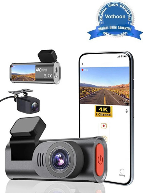 4k Wifi Çift Kameralı Araç Kamerası Gece Görüşlü G-sensörlü Dash Cam 170 Derece