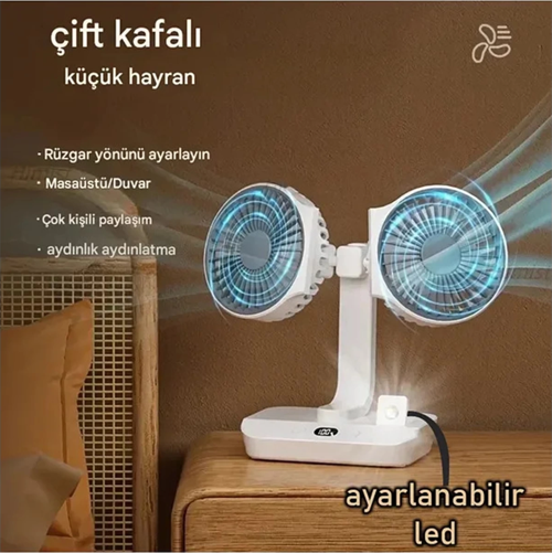 Masaüstü Dijital Ekranlı Çift Fanlı Led Işıklı Soğutucu Fan Ev Ofis Şarjlı Vantilatör