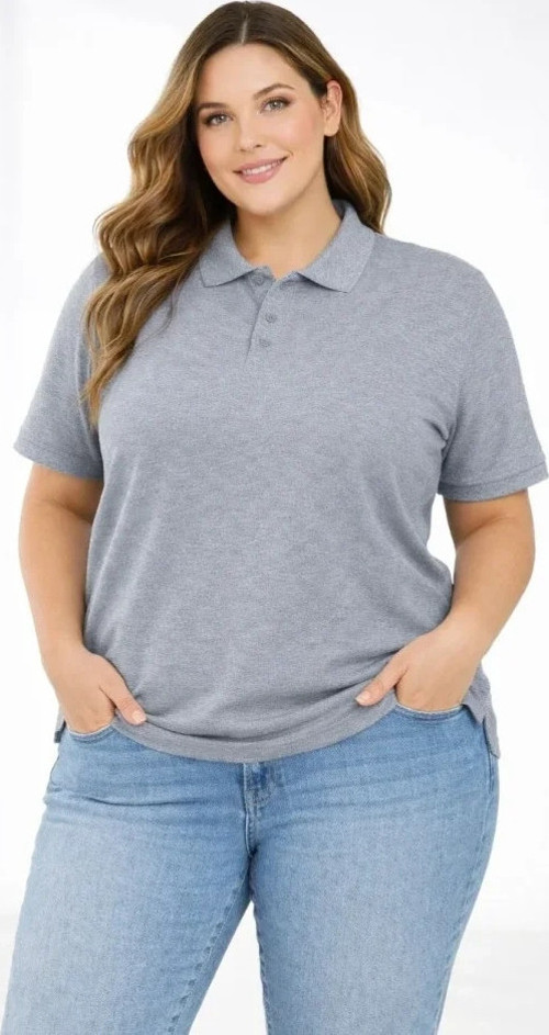 Pike Kumaş Düğmeli Yaka Battal Büyük Beden Günlük Kısa Kol Tişört T-shirt - Gri