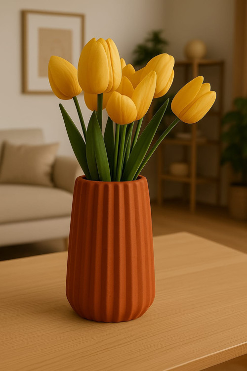 El Yapımı Beton Dekoratif Vazo – Modern Silindir Form Çizgili Model