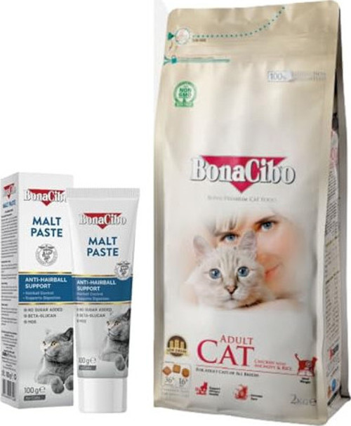 Yetişkin Kedi Bakım Seti: Tavuklu ve Hamsili Kuru Mama 2 Kg ve Malt Paste Tüy Yumağı Macunu 100g