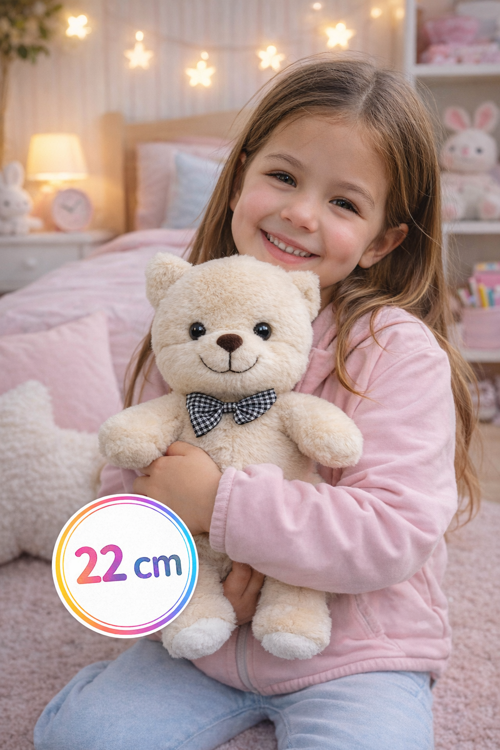 22 cm Peluş Ayı Oyuncak – Papyonlu Sevimli Ayıcık, Kız Çocuk Uyku Arkadaşı & Oda Dekoru
