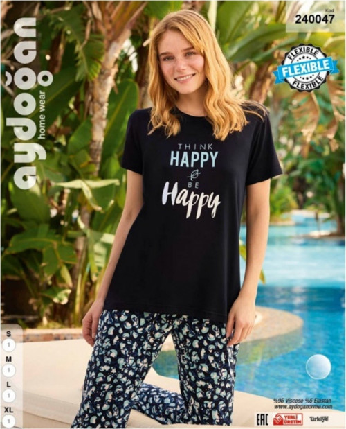 Aydoğan Homewear -Think Happy be Happy- Yazılı Viskon Yazlık Pijama Takımı