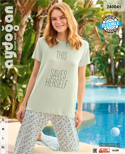 Aydoğan -This Princess Saves Herself- Yazılı Viskon Yazlık Pijama Takımı-240041