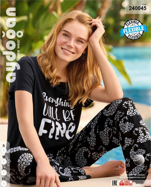 Aydoğan Homewear -Everything Will be Fine- Yazılı Viskos Yazlık Pijama Takımı