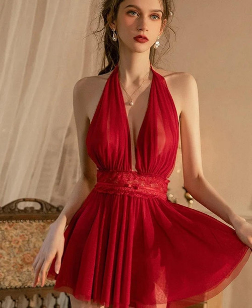 Kadın Boyundan Bağlamalı Derin Dekolte Tül Mini Gecelik/Babydoll
