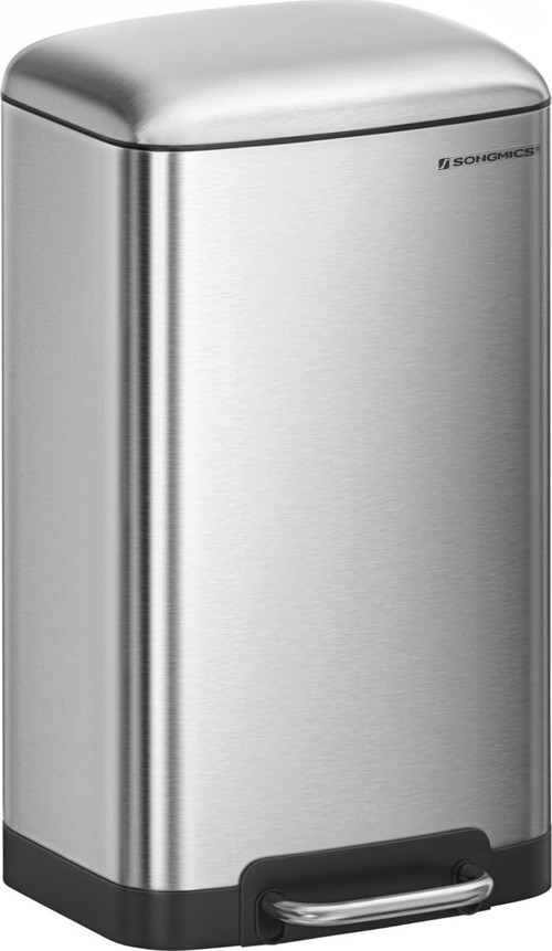 SONGMICS 30L Çelik Pedallı Çöp Kovası İç Çöp Kovalı ve Kapaklı Yumuşak Kapanan Hava Geçirmez Mutfak Çöp Kutusu, Gümüş Ltb01L