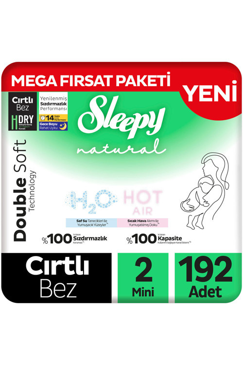 Natural Double Soft Mega Fırsat Paketi Bebek Bezi 2 Numara Mini 192 Adet
