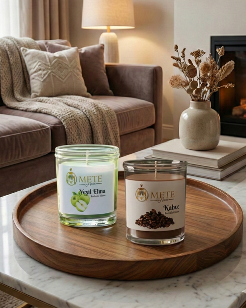 YEŞİL ELMA & KAHVE AROMALI 2'Lİ SET BARDAK MUM