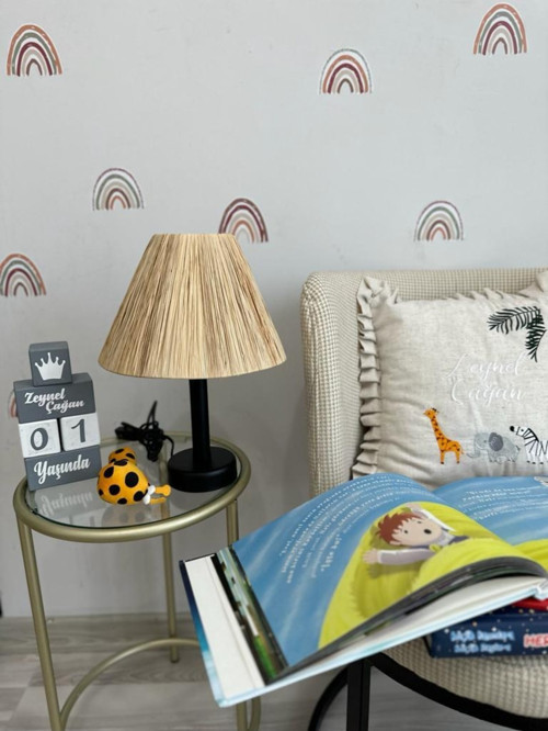 Bohem Hasır Rafya Abajur Siyah Metal Ayak (İSKANDİNAV, MODERN, RATTAN, AYDINLATMA)