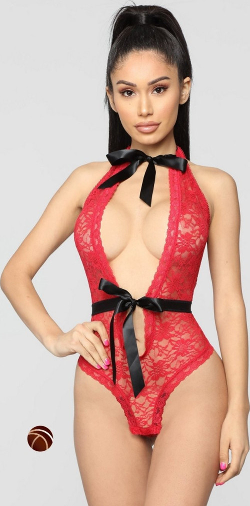 Intive Kırmızı Siyah Kurdele Detaylı Derin V ve Sırt Dekolteli Fantasy Bodysuit