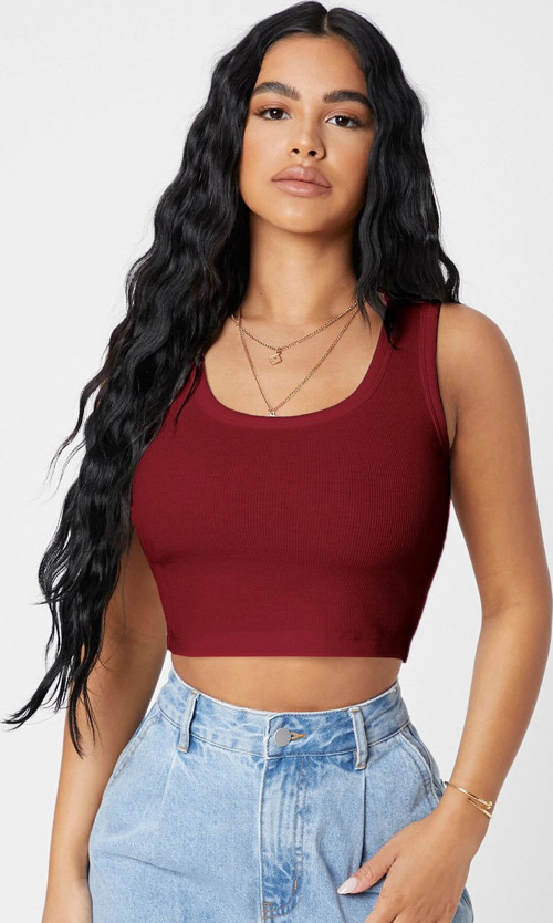 Kadın Bordo Kare Yaka Crop Top Bluz
