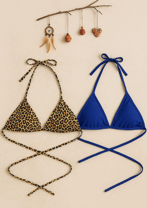 Kadın Leopar Desenli ve Mavi Minimal Kesim Üçgen Bikini Üstü