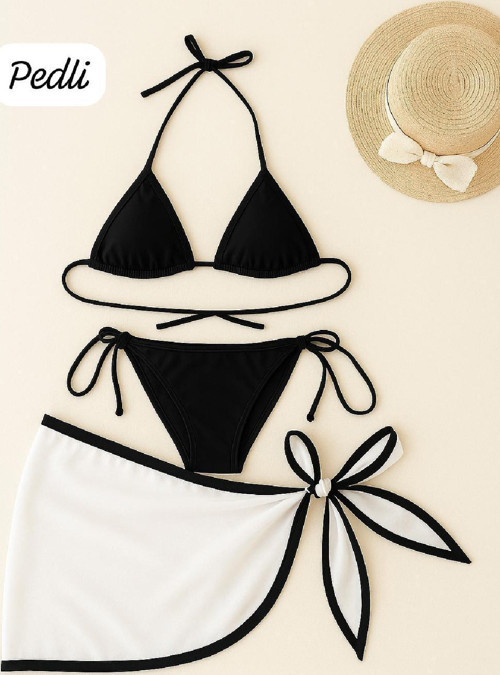 Kadın Siyah Beyaz Pareolu Yandan ve Boyundan Bağlamalı 3'lü Bikini Takımı