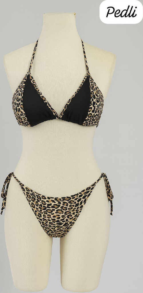 Kadın Siyah ve Leopar Detaylı Yandan Bağlamalı Bikini Takımı