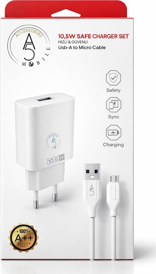 10.5Watt Güvenli Şarj Adaptörü / Usb Micro Kablo/ 1000Mm