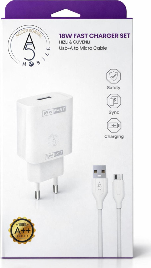 18W Hızlı Şarj Adaptörü + Usb-A Mıcro Kablo Seti 1 Metre