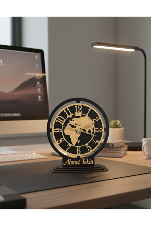 Kişiye Özel Dünya Haritalı Dekoratif Masa Saati İsimli Tasarım 20X25 Cm