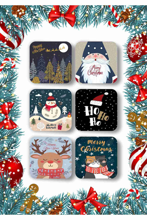 Mutlu Yıllar - Yılbaşı - Yeni Yıl - Merry Christmas Temalı Ahşap Bardak Altlığı Seti 6 Adet