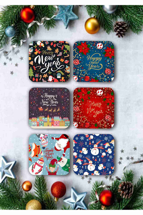 Mutlu Yıllar - Yılbaşı - Yeni Yıl - Merry Christmas Temalı Ahşap Bardak Altlığı Seti 6 Adet