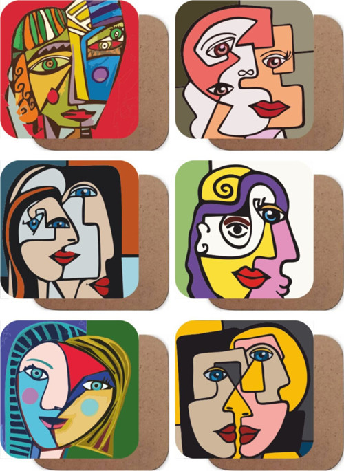 Picasso Tarz Modern 6Lı Ahşap Bardak Altlığı Seti