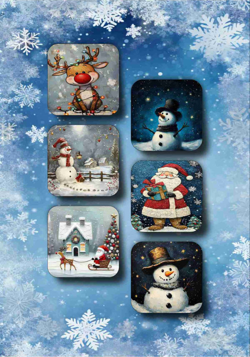 Mutlu Yıllar - Yılbaşı - Yeni Yıl - Merry Christmas Temalı Ahşap Bardak Altlığı Seti 6 Adet