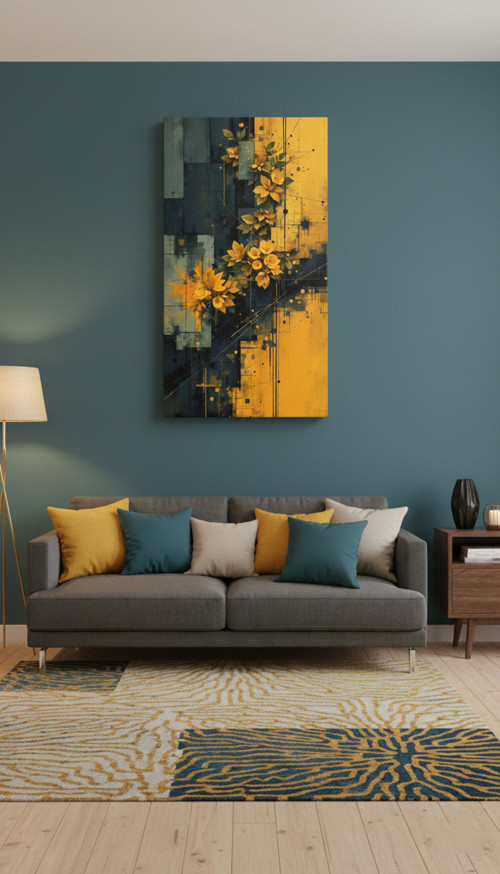 Modern Geometrik Çizgili Ve Sarı Çiçekli Dekoratif Kanvas Tablo