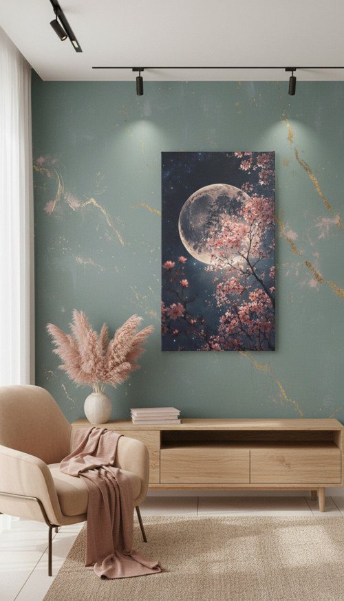 Sakura Çiçeği Ve Dolunay Temalı Kanvas Tablo Dikey Tasarım