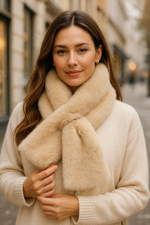 YAKE STORE İthal Sıcak Tutucu Yumuşak Pembe Peluş Atkı - Şık Ve Konforlu Premium Boyunluk Aksesuarı Byn01-1 - Bej