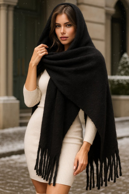 YAKE STORE Siyah Kalın Püsküllü Şal – Yumuşak Ve Geniş Yapı, Soğuk Hava Için Ideal Sal1257 - Siyah