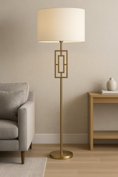 Puglia Geometrik Gold Gövdeli Modern Lambader - Krem Şapkalı Dekoratif Ayaklı Lamba