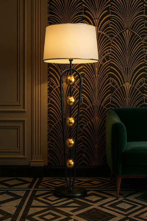 Orbis Gold Krem Şapkalı Gold Detaylı Siyah Modern Metal Lambader